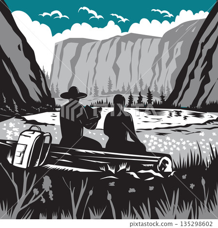 Hikers near Mirror Lake in Yosemite National Park Woodcut Retro Style Hikers near Mirror Lake in Yosemite National Park Woodcut Retro Style 135298602