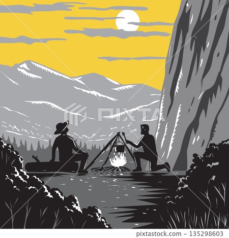 Campers near Yosemite Valley in Yosemite National Park Woodcut Retro Style Campers near Yosemite Valley in Yosemite National Park Woodcut Retro Style 135298603