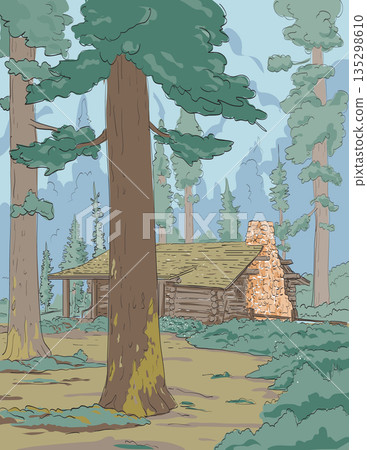 American Log Cabin in Redwood Forest WPA Ukiyo-e Art 135298610