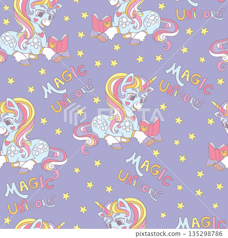 Seamless pattern with unicorn reading a book vector illustration Seamless pattern with unicorn reading a book vector illustration 135298786