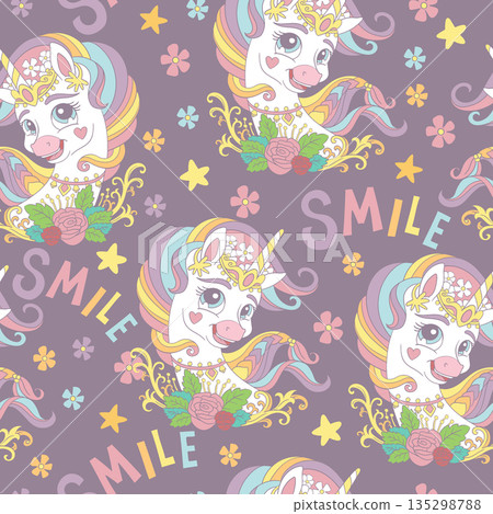 Seamless pattern with funny unicorns and flowers vector Seamless pattern with funny unicorns and flowers vector 135298788