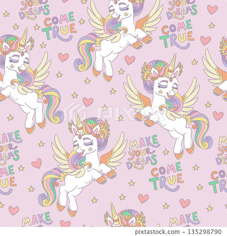 Unicorns dreams pastel seamless pattern pink background Unicorns dreams pastel seamless pattern pink background 135298790