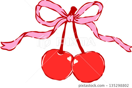 Whimsical Coquette Two Cherries with Ribbon Bow Valentine Hand Drawn Playful line Whimsical Coquette Two Cherries with Ribbon Bow Valentine Hand Drawn Playful line 135298802