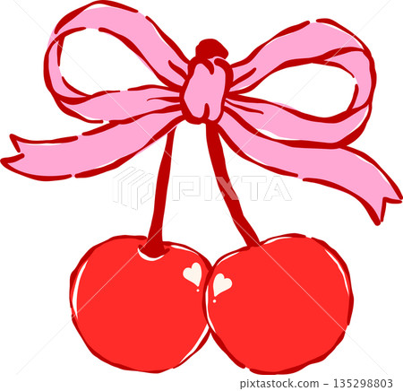 Whimsical Coquette Two Cherries with Ribbon Bow Valentine Hand Drawn Whimsical Coquette Two Cherries with Ribbon Bow Valentine Hand Drawn 135298803