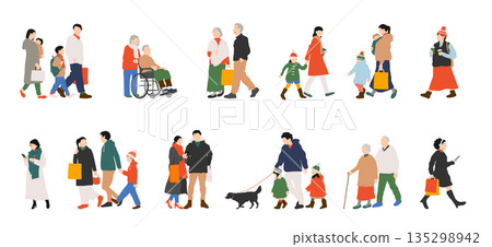 Shopping illustration set of men and women, families and elderly people in winter clothes 135298942