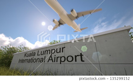 Airport departures scene at Kuala Lumpur International Airport with airplane climbing above terminal, Kuala Lumpur, Malaysia 3D rendering 135299152
