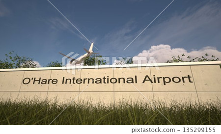 Arrivals at Chicago OHare International Airport with airplane landing near terminal, Chicago, United States 3D rendering Arrivals at Chicago OHare International Airport with airplane landing near terminal, Chicago, United States 3D rendering 135299155