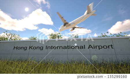 Arrivals at Hong Kong International Airport with airplane landing near terminal, Hong Kong, China 3D rendering 135299160
