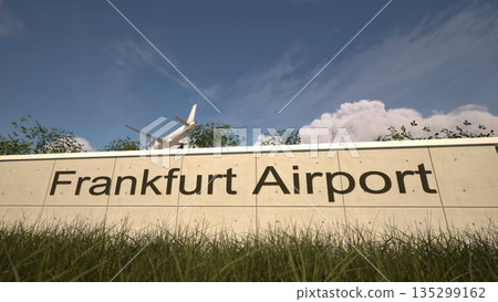 Arrivals at Frankfurt Airport with airplane landing near terminal, Frankfurt, Germany 3D rendering 135299162