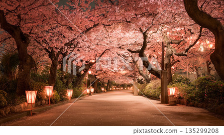 Cherry blossom petals fluttering down the cherry blossom-lined street at night Cherry blossom petals fluttering down the cherry blossom-lined street at night 135299208