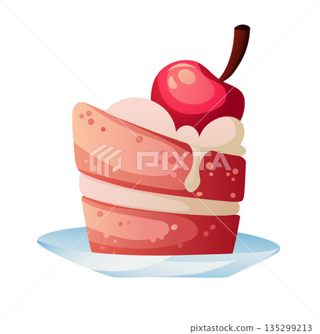slice strawberry cheese poundcake with cream and cherry slice strawberry cheese poundcake with cream and cherry 135299213