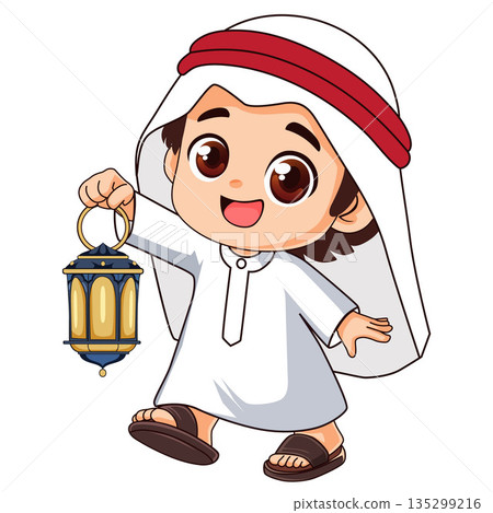 cute boy walking wearing sorban and bring lantern 135299216