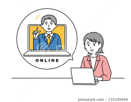 Illustration of working adults in an online meeting 135299409