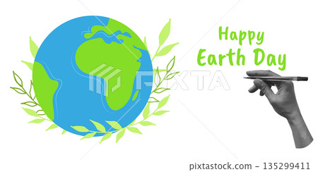 Earth Day World Environment Nature Planet Collage. World maps lush nature scenes and our blue planet. For eco-campaigns web banners posters or green marketing visuals. Vector illustration. 135299411