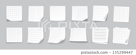 Realistic Paper Note Memo Sheets Set with Lined, Dotted Grid, Table Layouts. Blank Square White Notebook Pages for To Do List Planning, Study Tasks. Professional Paper Notes Pack. Vector Illustration 135299447