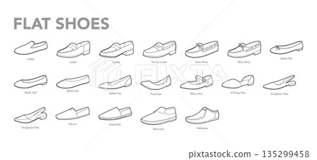 Flat shoes line pair set with title. slingback, ballet flat Mary Jane, espadrille moccasin, loafer. Elegant fashion 135299458