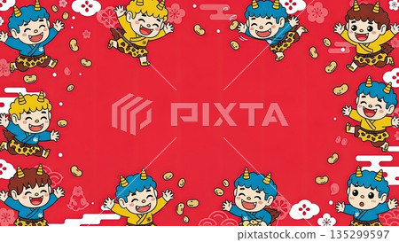 Cute anime-style illustration background of Setsubun where little demon children play with bean throwing 135299597
