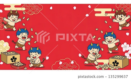 Cute anime-style illustration background of Setsubun where little demon children play with bean throwing Cute anime-style illustration background of Setsubun where little demon children play with bean throwing 135299637