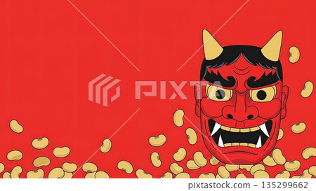 一幅可愛的廣告插畫背景，以節分豆和惡魔面具為主題。 135299662