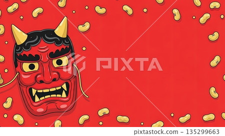 一幅可愛的廣告插畫背景，以節分豆和惡魔面具為主題。 135299663
