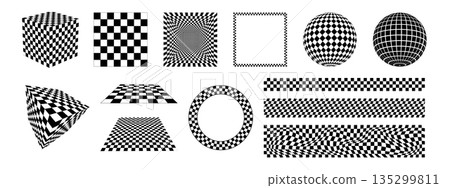 Set of chessboards, checkered borders, round and square frames, isometric cubes and spheres isolated on white background. Patterns and figures with chequered print. Vector graphic illustration Set of chessboards, checkered borders, round and square frames, isometric cubes and spheres isolated on white background. Patterns and figures with chequered print. Vector graphic illustration 135299811