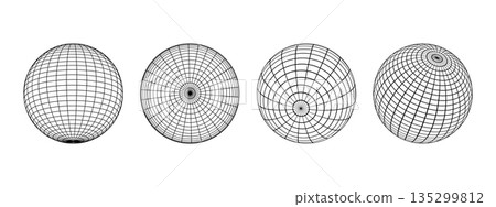 Set of globe wireframes in different positions on white background. Orb models, spherical shapes, meshed balls. Earth sphere figures with grid of longitude and latitude. Vector graphic illustration Set of globe wireframes in different positions on white background. Orb models, spherical shapes, meshed balls. Earth sphere figures with grid of longitude and latitude. Vector graphic illustration 135299812