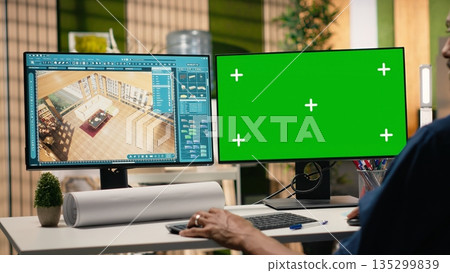 Developer uses software to review property layouts and copy space, real estate planning and construction management. Designing a building structure with zoning regulations for growth. 135299839