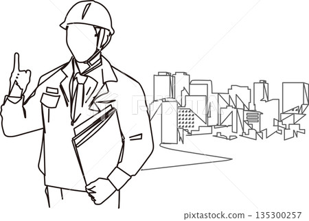 Line drawing illustration of a male construction worker pointing Line drawing illustration of a male construction worker pointing 135300257