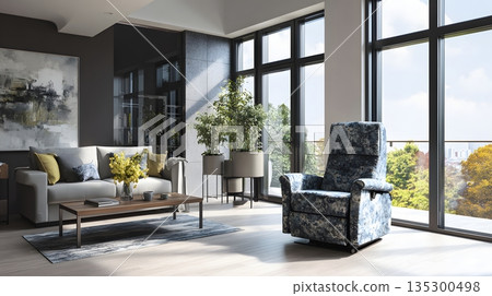 Specialized ergonomic furniture for seniors in bright modern living room 135300498