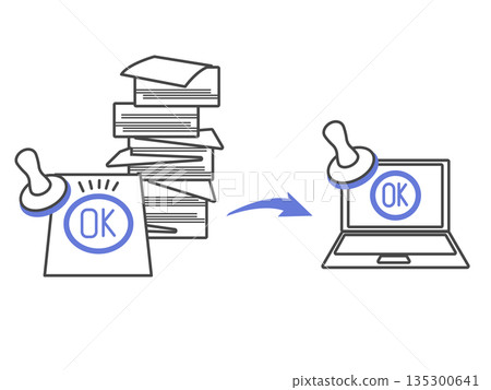 Illustration of the transition from manually stamping approval to digitally stamping approval 135300641