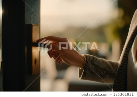 Guest prepares with stylish accessories, Sophisticated scene of guest ready to enter with jewelry, Refined moment capturing guest preparing to enter with elegance and detail 135301931