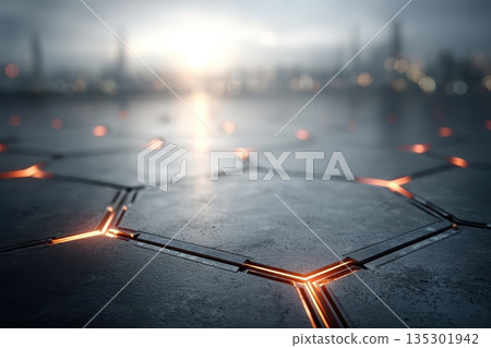 Shimmering polygonal pathway with molten joins beneath dusky horizon, Radiant hexagonal surface reflecting city lights amidst industrial scenery and cinematic focus 135301942