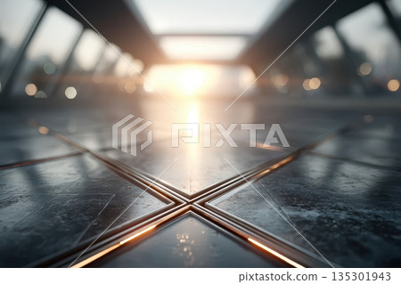 Scifi styled corridor with glowing cross pattern and cinematic effects, Futuristic transit station illuminated by crosspatterned glowing floor and cinematic lens flare 135301943
