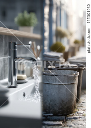 Chrome faucet with blurred planter background, closeup sink vignette on apartment ledge, soap dish and potted green in soft bokeh, quiet everyday corner bathed in morning light 135301980