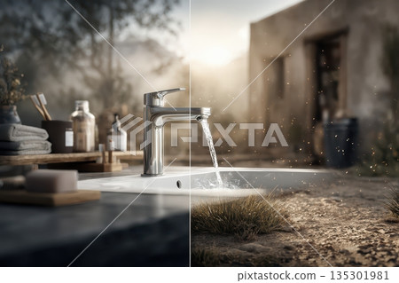 Outdoor sink scene, Backyard water station atmosphere, Casual garden hygiene with sunlight and mist, Relaxed outdoor wash area with scattered toiletries and sunlight 135301981