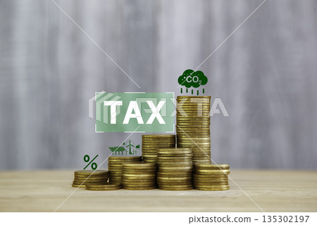 gold coin with CO2, tax, and finance icons representing carbon tax, climate policy, emission reduction, and sustainable economy concept. gold coin with CO2, tax, and finance icons representing carbon tax, climate policy, emission reduction, and sustainable economy concept. 135302197