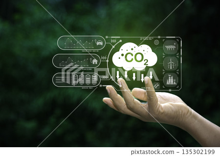 hand holding a digital interface with CO2 TAX icon, representing the concept of carbon tax and its role in promoting a green, sustainable economy. 135302199