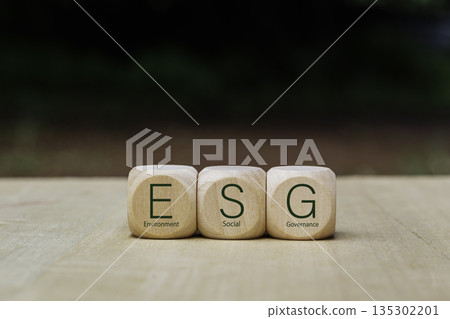 ESG concept of environment, society and governance, sustainable business with ecological approach, clean world wooden block with ESG word on green background. 135302201