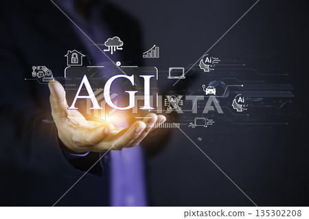 hand holding a holographic display with "AGI" and icons representing smart homes, cloud computing, and autonomous vehicles, showcasing the future of AI technology. 135302208