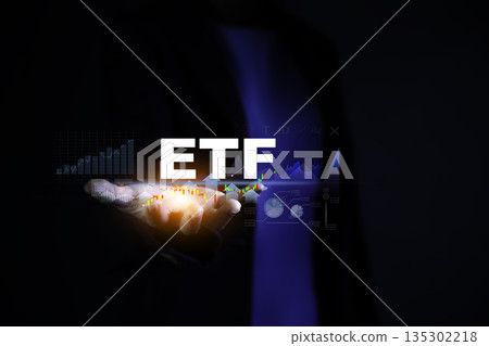 ETF investment concept with glowing text and stock market chart, symbolizing trading, portfolio growth, and financial success. 135302218