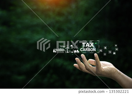 Investing in the carbon tax. income tax system icon around. futuristic virtual screen interface technology. financial investment stock market. Investing in the carbon tax. income tax system icon around. futuristic virtual screen interface technology. financial investment stock market. 135302221