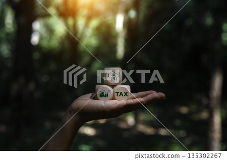 Hand holding wooden blocks with CO2, industry, and TAX icons, symbolizing the concept of carbon tax and environmental regulations for businesses. 135302267