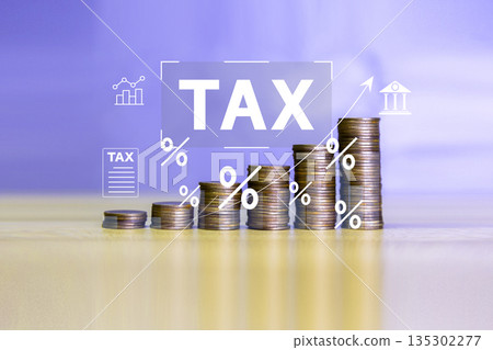 Stacked coins with tax and percentage symbols, representing finance, taxation, government revenue, and economic growth. 135302277