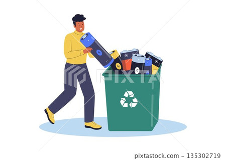Man Disposing Used Batteries into Dedicated Recycling Container Illustration Man Disposing Used Batteries into Dedicated Recycling Container Illustration 135302719