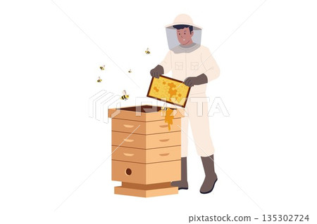 Beekeeper Harvesting Raw Honeycomb from Wooden Beehive Illustration Beekeeper Harvesting Raw Honeycomb from Wooden Beehive Illustration 135302724