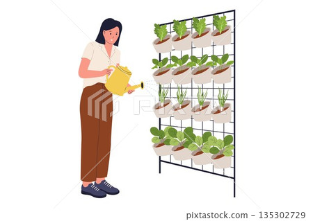 Woman Watering Potted Plants on Modern Vertical Garden Wall Illustration Woman Watering Potted Plants on Modern Vertical Garden Wall Illustration 135302729