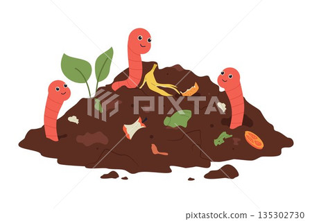 Vermicomposting Process with Earthworms and Organic Matter Illustration 135302730