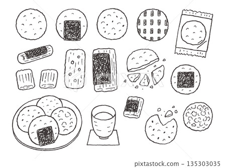 手繪插圖，描繪了各種各樣的米餅（單色） 135303035