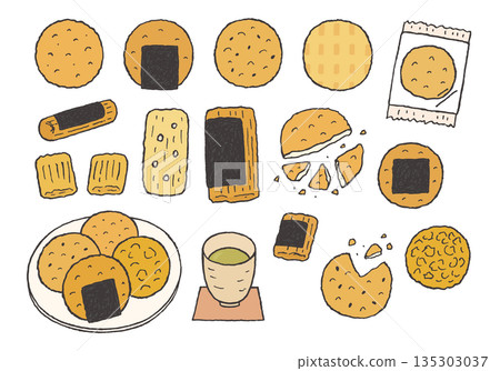 Hand-drawn illustration set of various rice crackers (color) 135303037