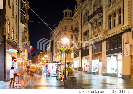 Night life at most beautiful shopping and entertainment area in Europe - Knyaz Mikhail Street. Night life at most beautiful shopping and entertainment area in Europe - Knyaz Mikhail Street. 135303162